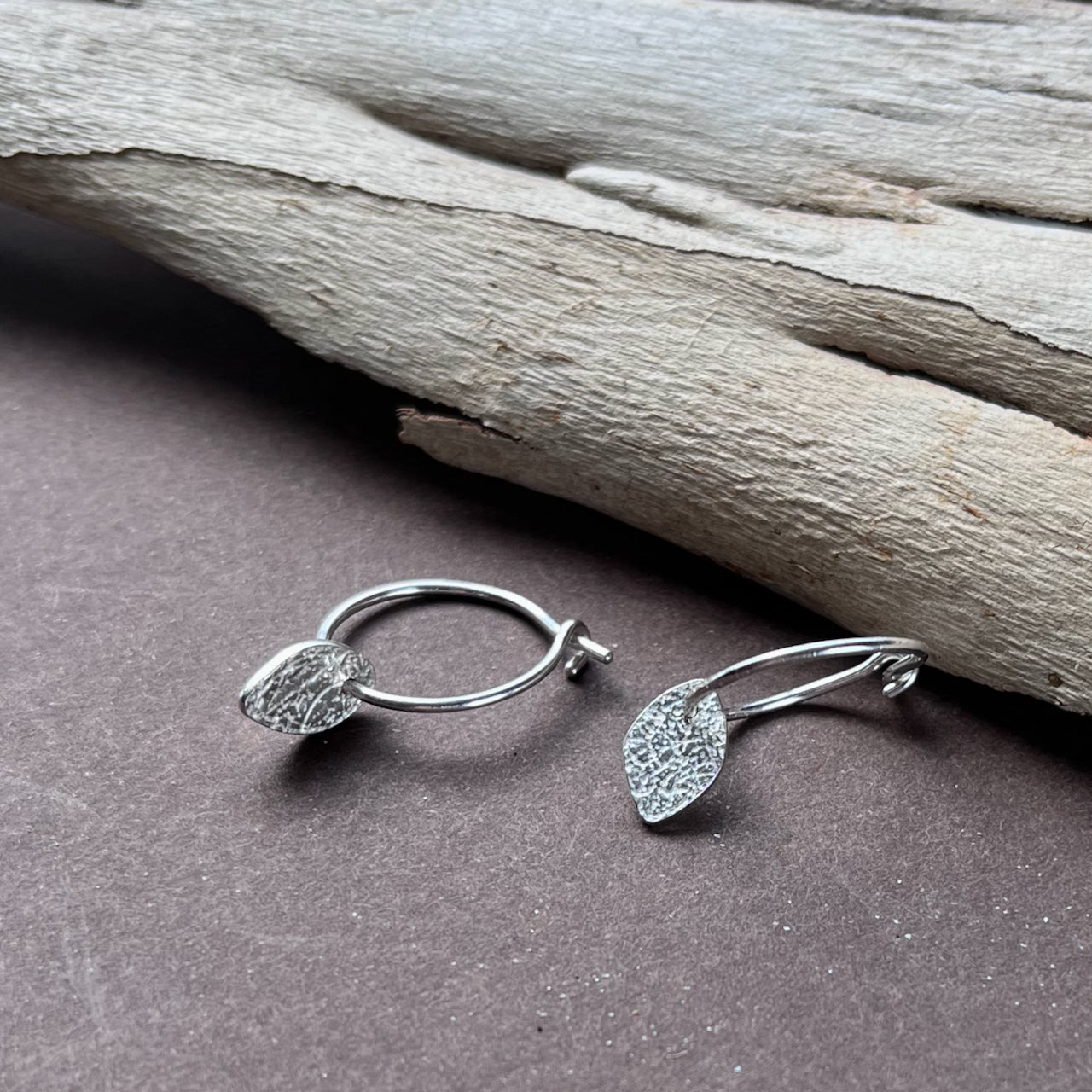 Frosted Leaf Charm Hoop Earrings