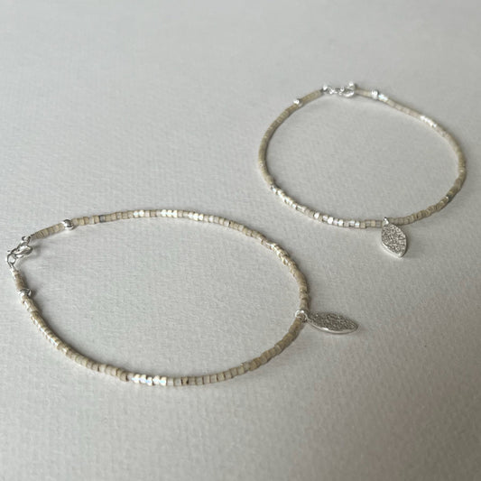 Beaded Bracelet with Frosted Silver Leaf Charm