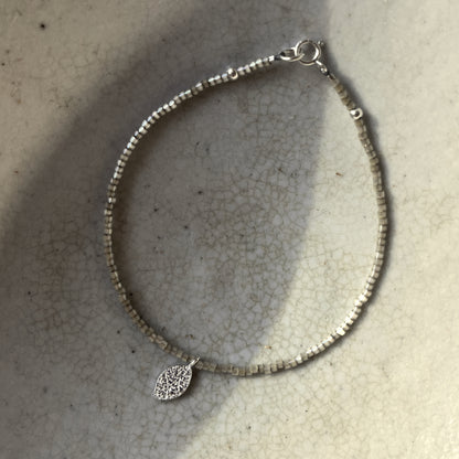 Beaded Bracelet with Frosted Silver Leaf Charm