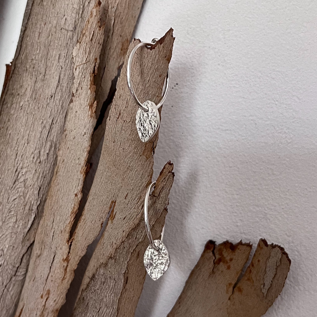 Frosted Leaf Charm Hoop Earrings