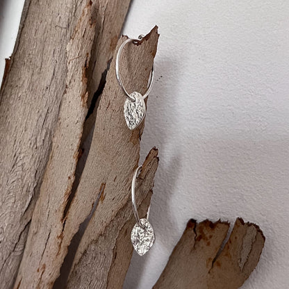 Frosted Leaf Charm Hoop Earrings
