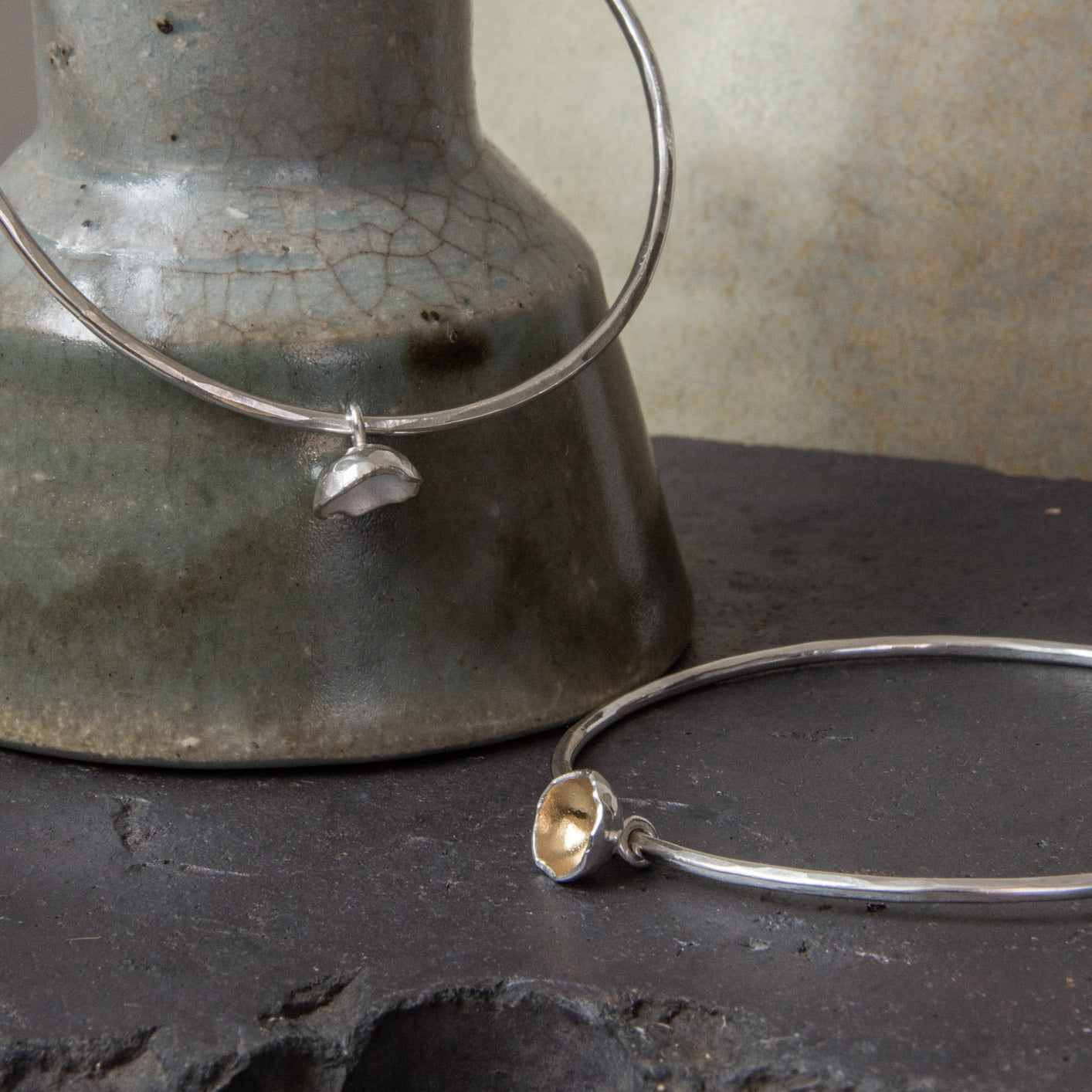 Seed Shell Charm Bangle Silver